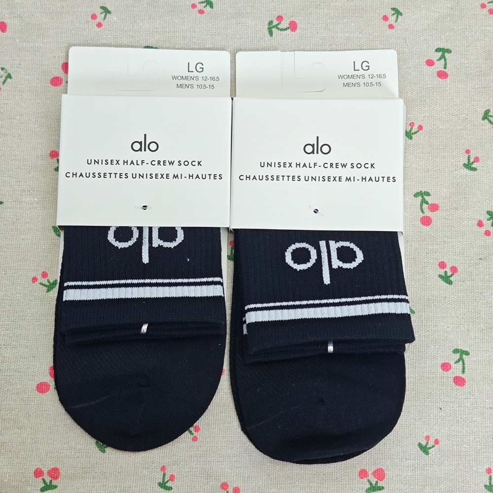 ALO Yoga Black Half-Crew Socks with White Stripe and Logo - Pair